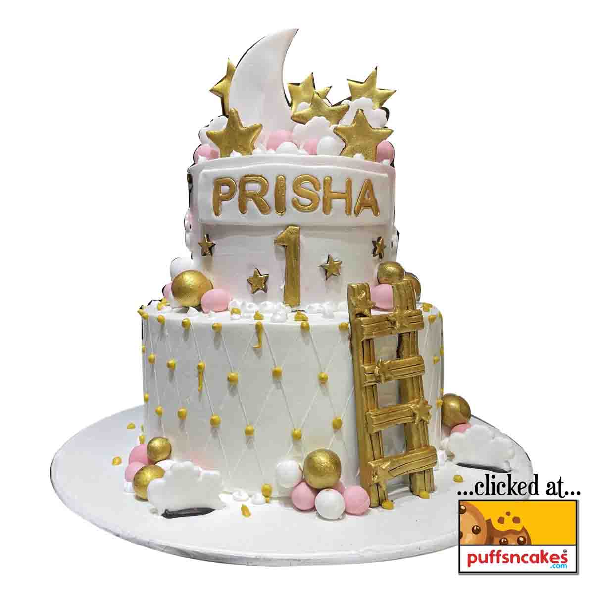 (1320) First Birthday Theme Moon Stairs Theme Semi Fondant Cake